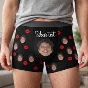 Personalized men's boxer shorts featuring a custom face and text print pattern, worn by a man in a modern lifestyle setting, unique gift for boyfriend.