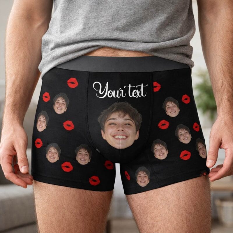 Personalized-Underwear-with-Face-Text Personalized men's boxer shorts featuring a custom face and text print pattern, worn by a man in a modern lifestyle setting, unique gift for boyfriend.
