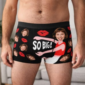 Funny men's boxer briefs with “So Big!” cartoon design, kiss print gag gift underwear for couples