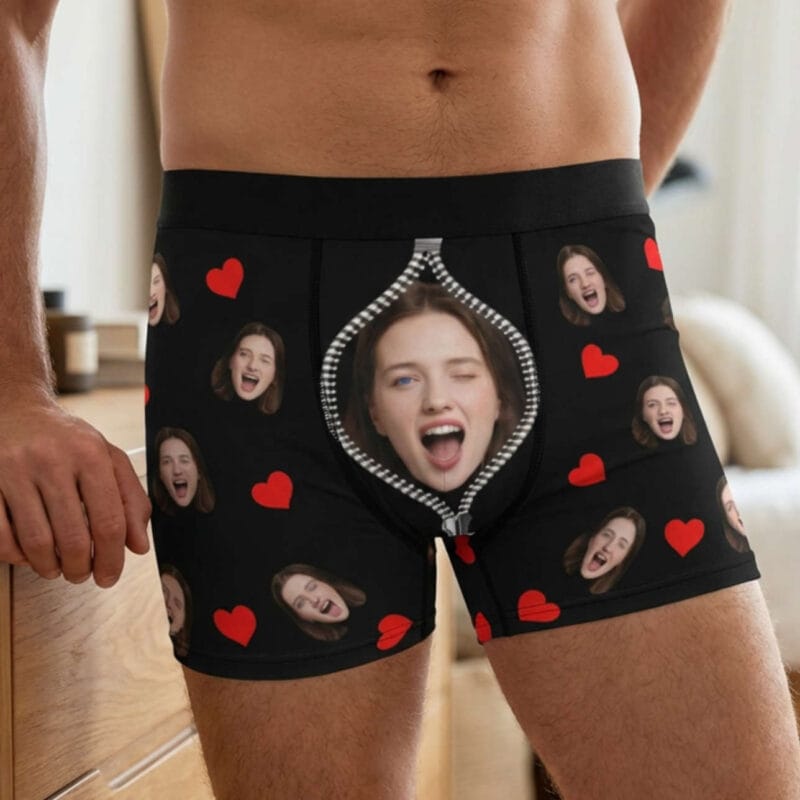 Custom Face Boxers with Zipper Illusion & Hearts – Funny Personalized Underwear Gift for Him