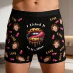 Funny personalized boxer briefs with custom face print, leopard lips graphic, hearts, and humorous quote design