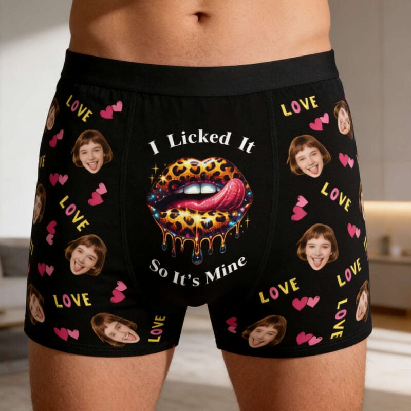 Funny personalized boxer briefs with custom face print, leopard lips graphic, hearts, and humorous quote design