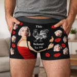Funny men's boxer briefs with rooster graphic, kiss prints, and playful couples gift design