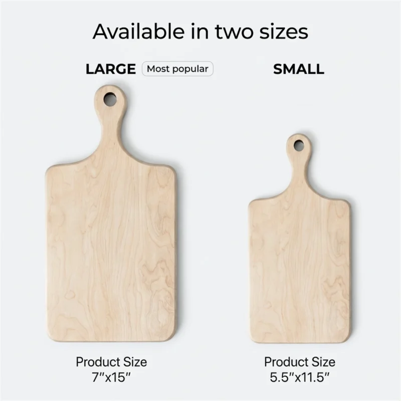 Size comparison between Large (15x7 inch) and Small (11.5x5.5 inch) personalized maple cutting boards.