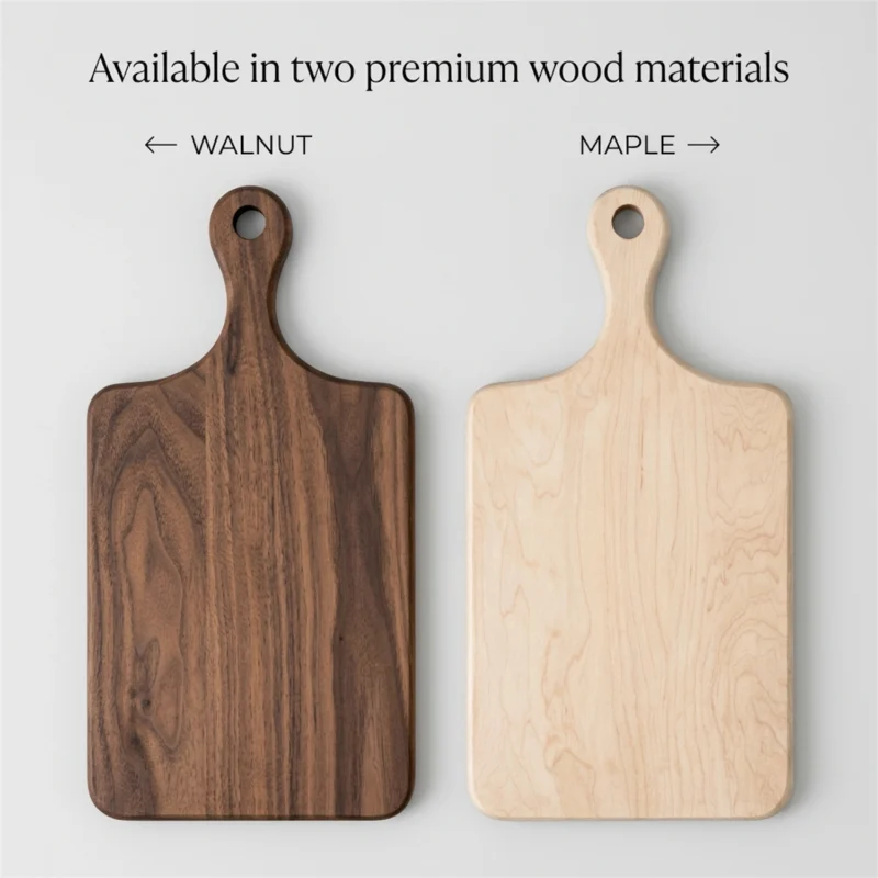 Premium wood material options for custom cutting boards: dark Walnut and light Maple wood comparison.