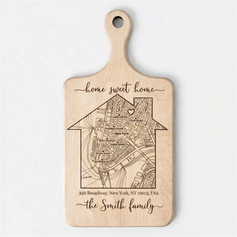 personalized-home-map-cutting-board-housewarming-gift-1 Personalized Maple Wood Cutting Board Engraved With A Custom House Map, Address, And The Family Name - Perfect For Realtor Closing Gifts Or New Homeowners.