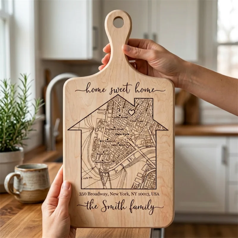 Custom laser engraved map cutting board with home sweet home text and heart marker.