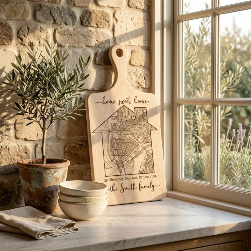 Personalized housewarming gift custom map cutting board with street address and family name.