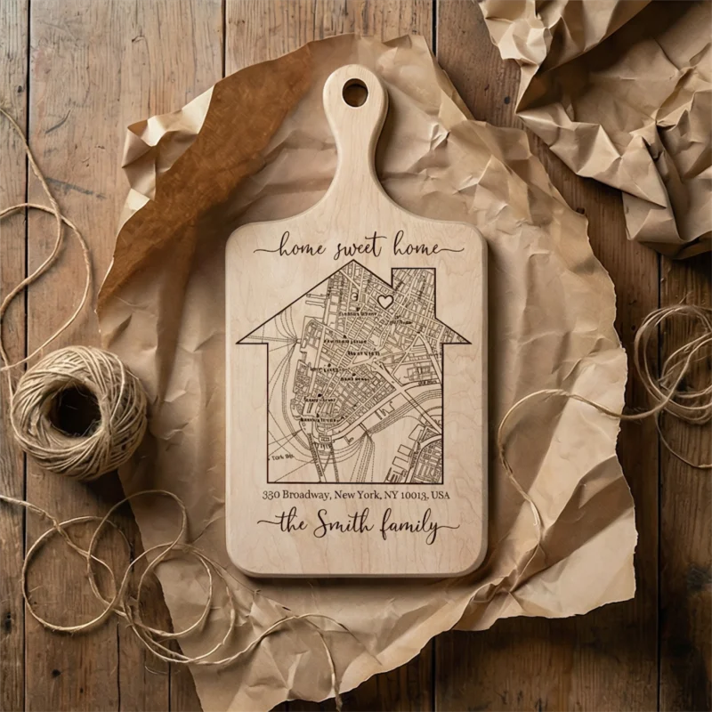 Custom realtor closing gift engraved map cutting board for new homeowners with heart location marker.